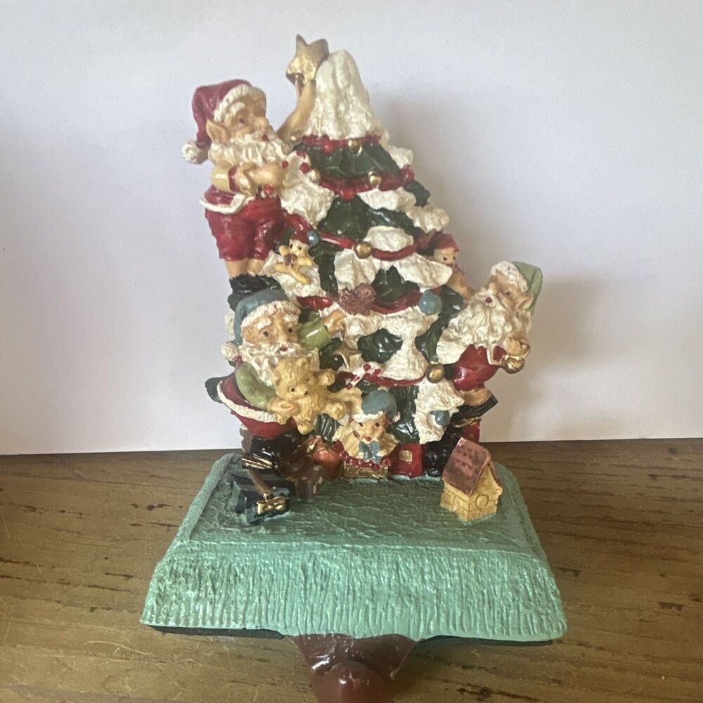 Vintage 1995 Santa's Workbench Elves & Tree Stocking Holder Cast Iron Base In bo